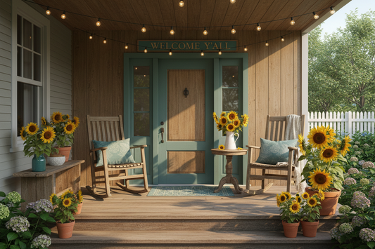 Cozy front porch with rocking chairs and sunflowers at The Crafty Homestead