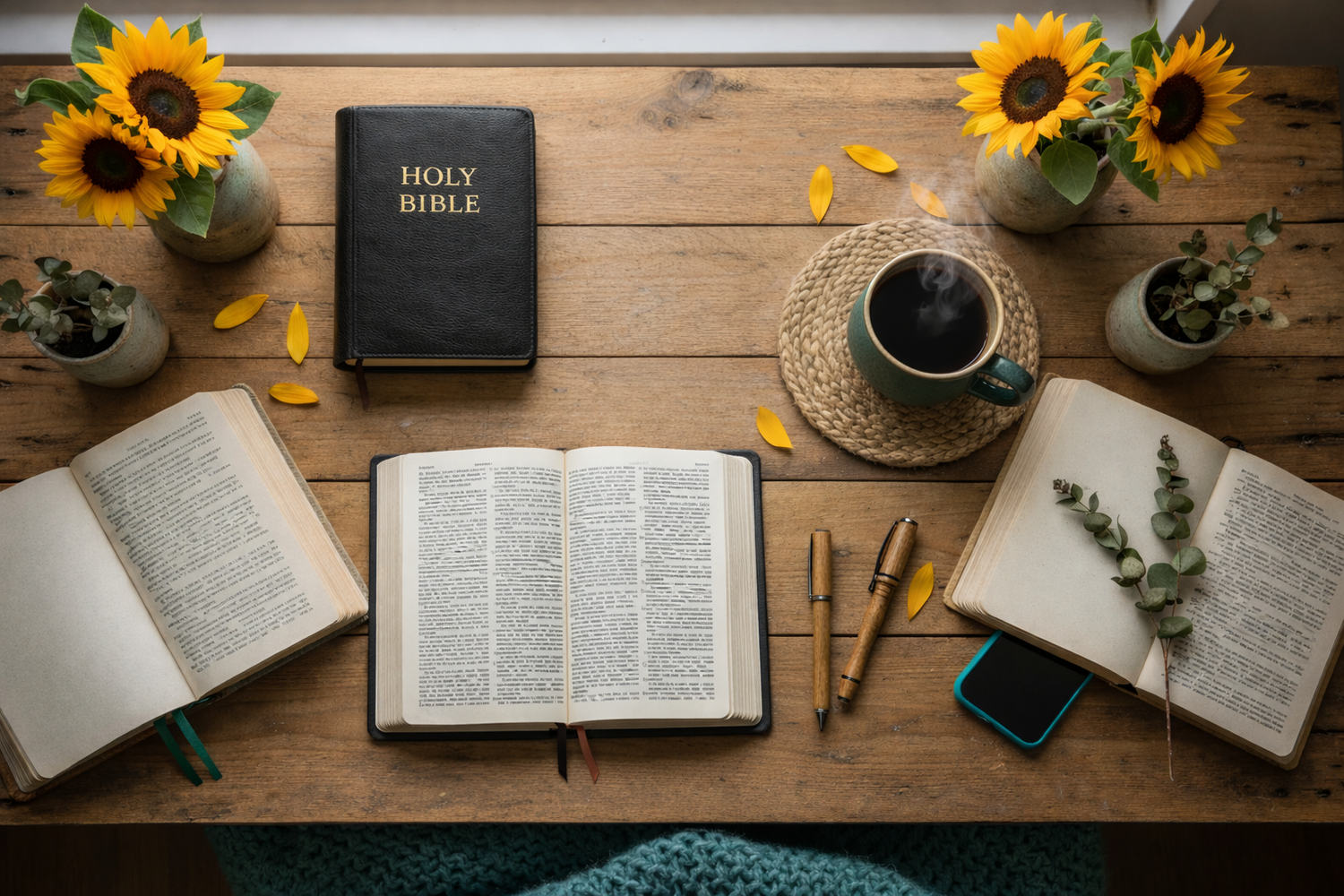 Open Bible on a wooden table with sunflowers, coffee, and stationery.