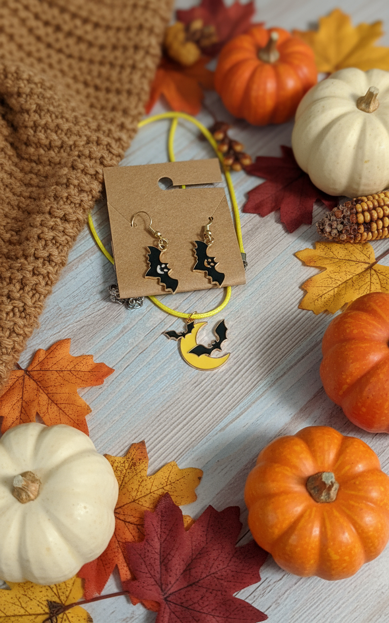 Bat and moon Halloween jewelry with fall background