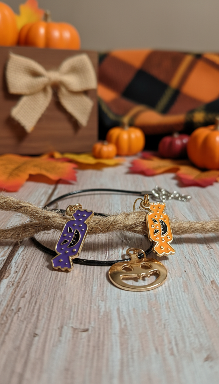 Candy and pumpkin Halloween jewelry with autumn background