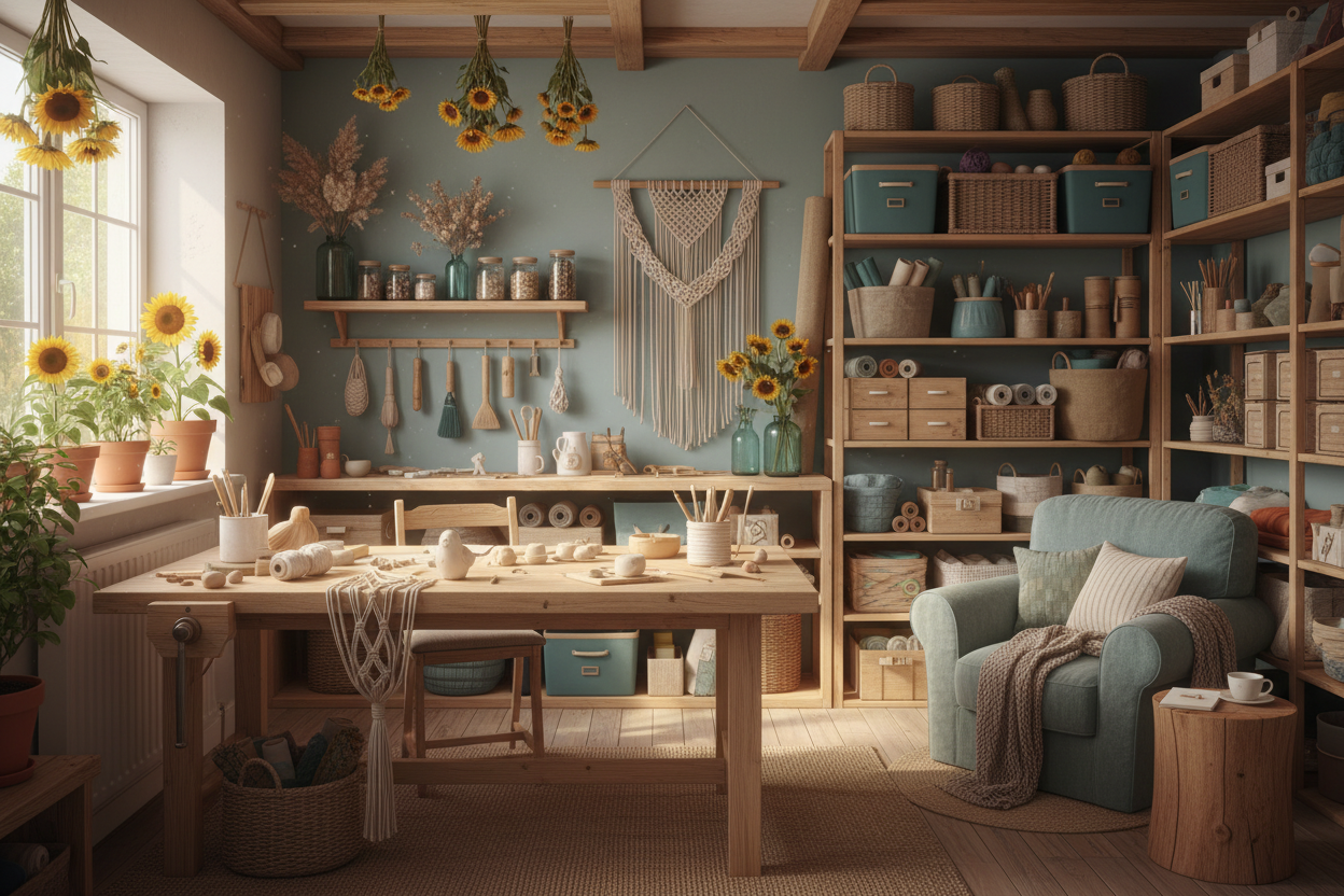 Cozy craft room with natural wood and teal