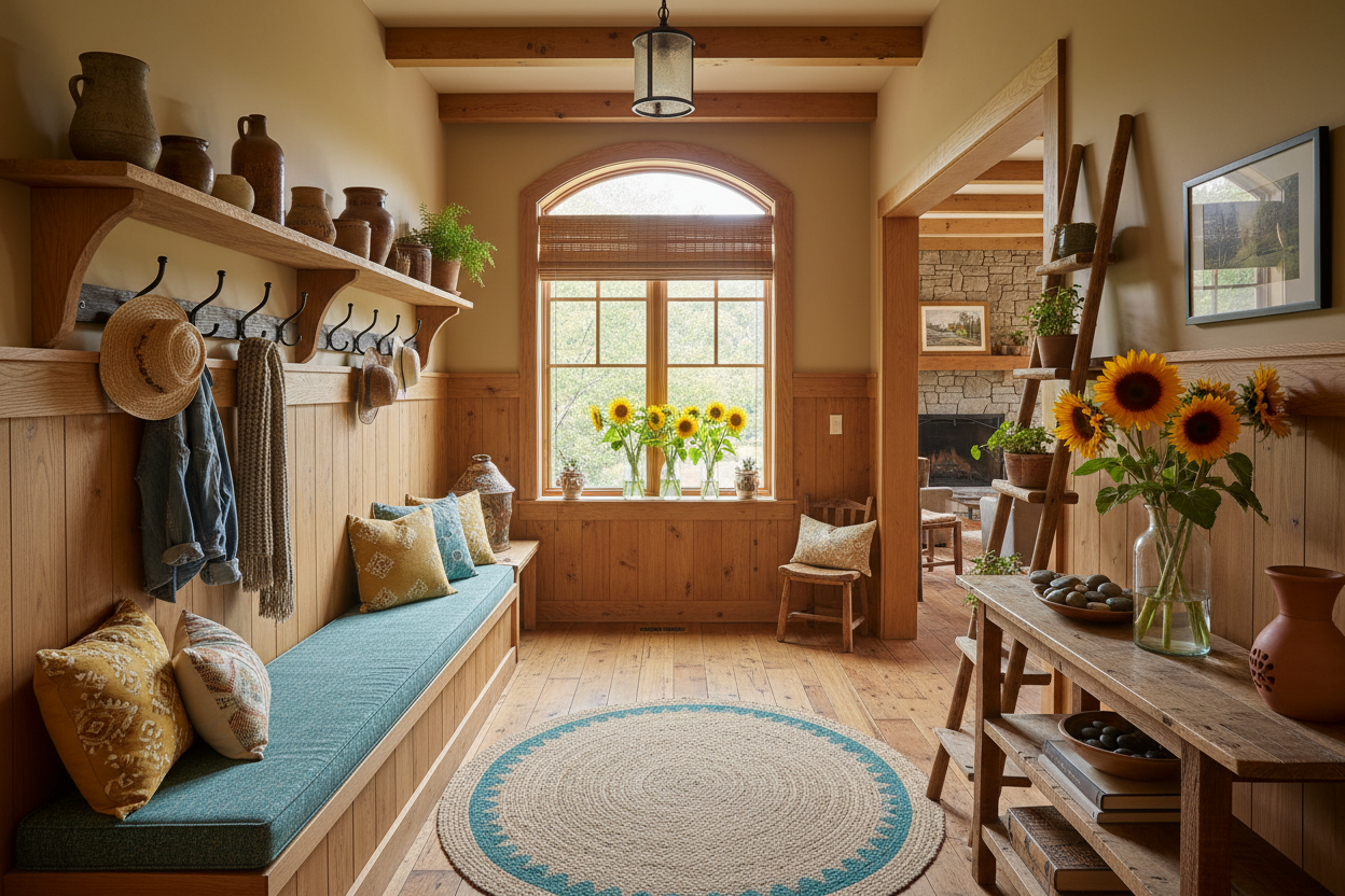 Cozy entryway with natural wood and teal