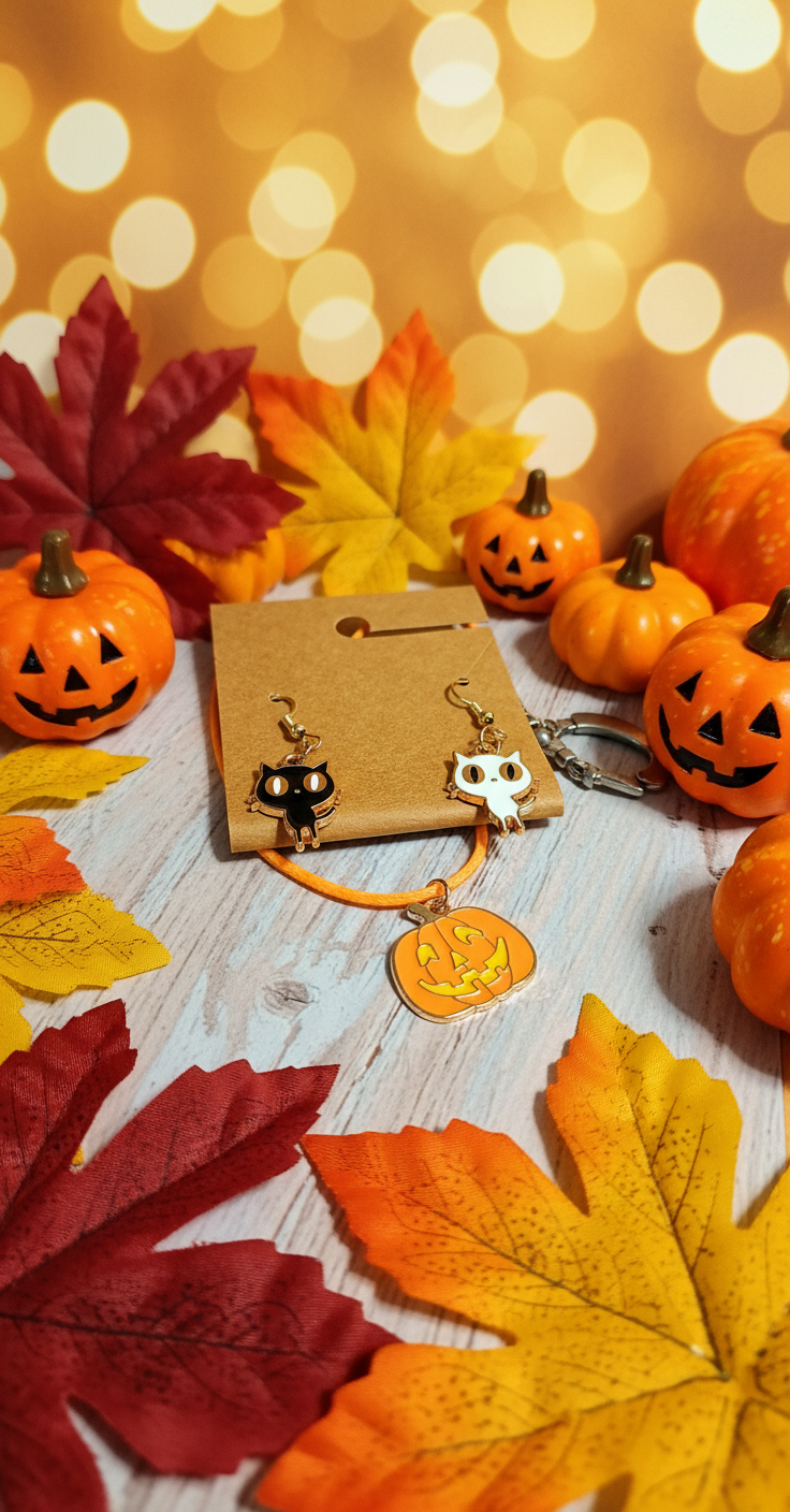Cozy fall backdrop for cat and pumpkin jewelry
