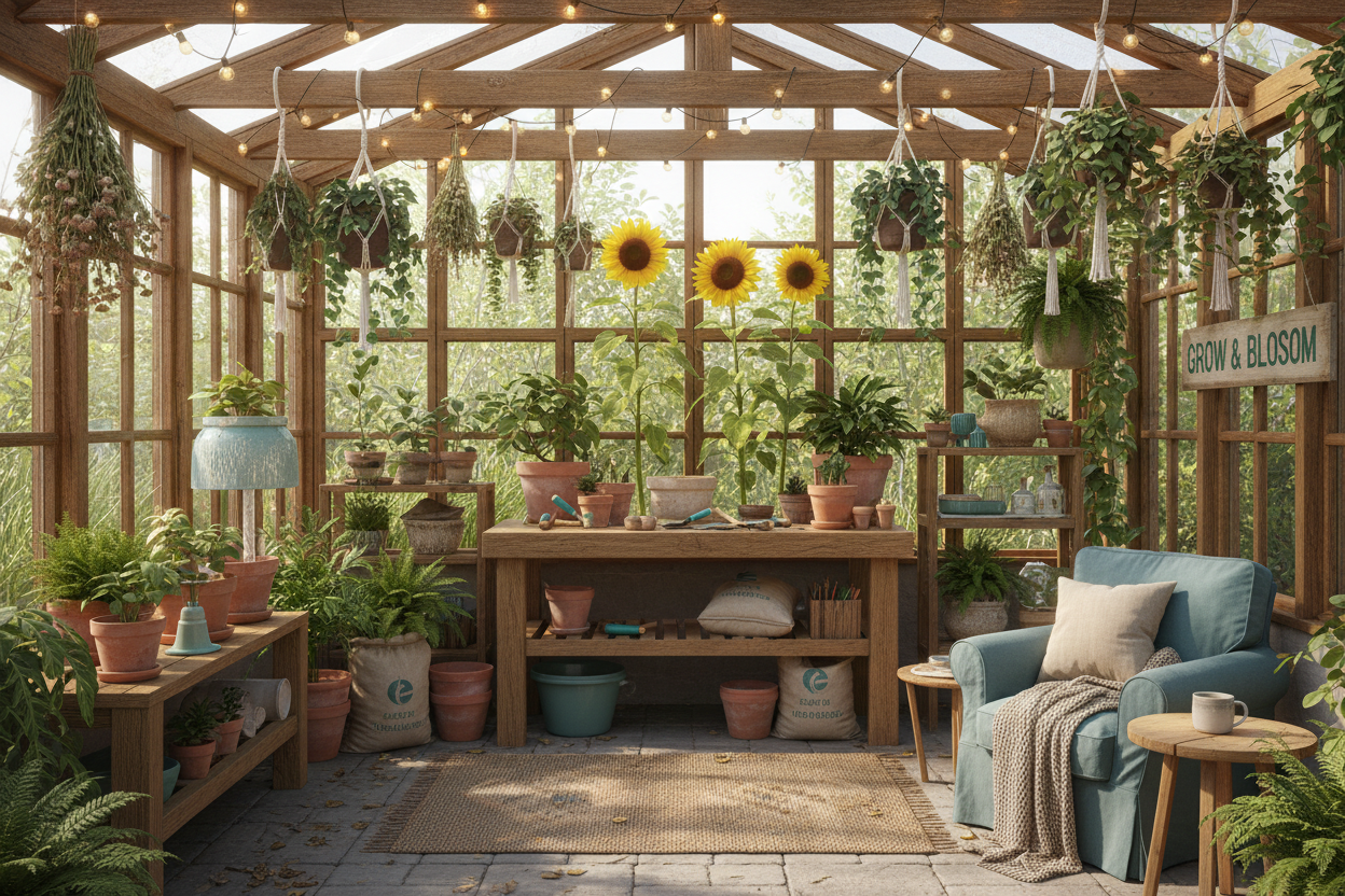 Cozy greenhouse with potting bench