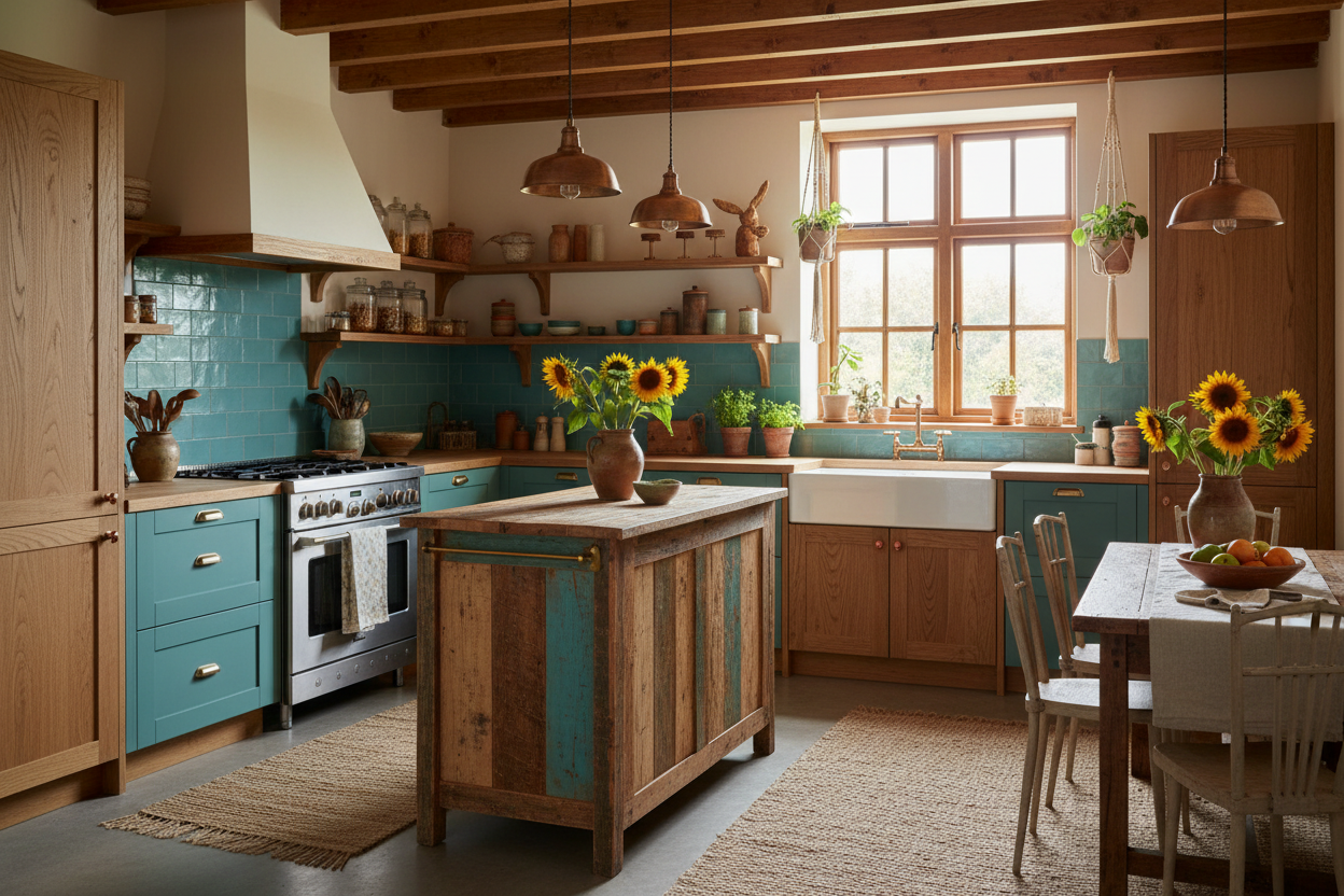 Cozy kitchen with natural wood and teal