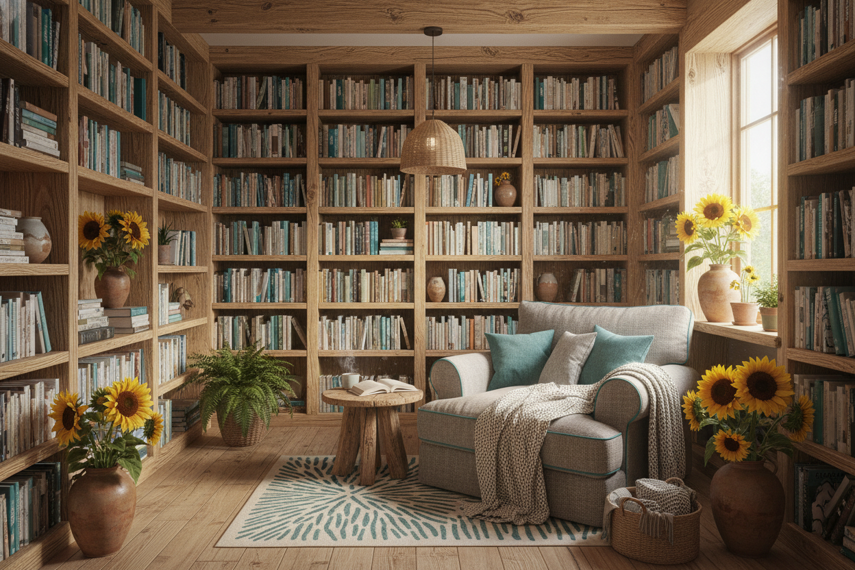 Cozy library with natural wood and teal