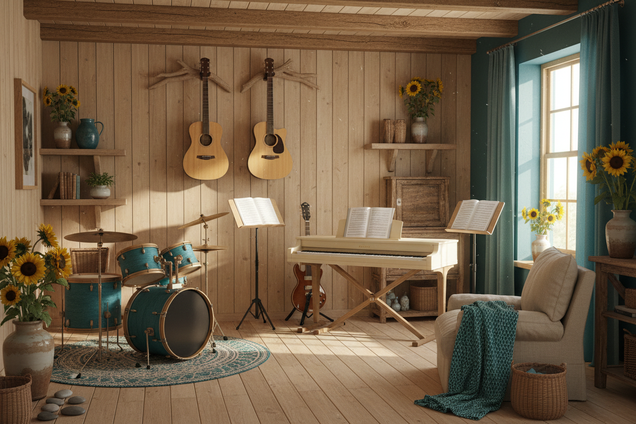 Cozy music room with natural wood and teal