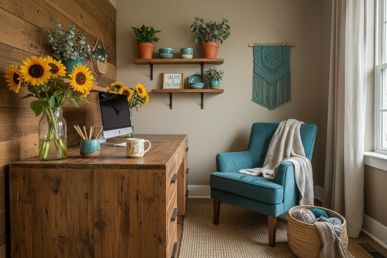 Cozy office with computer, natural wood and teal