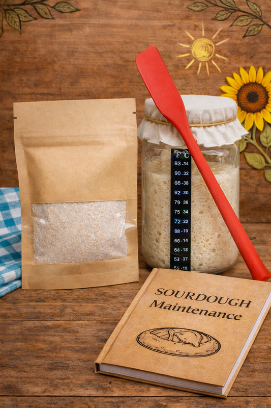 Sourdough baking set with a jar, red spatula, and book on a wooden surface.
