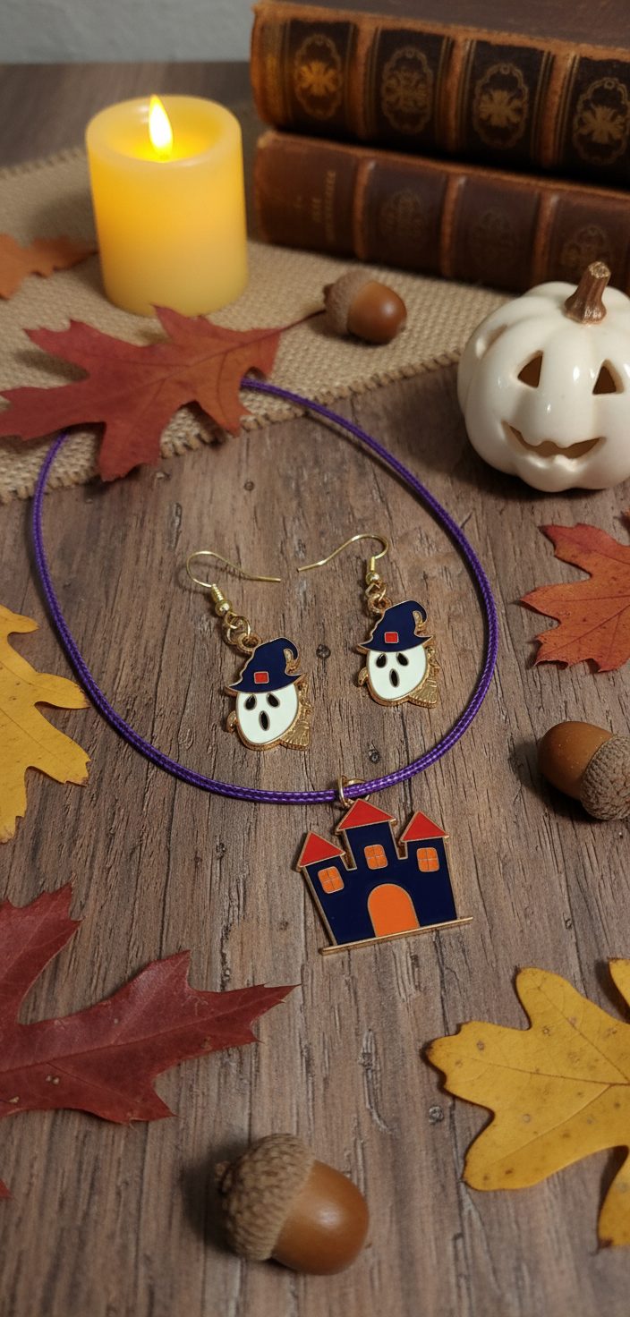 Ghost and haunted house Halloween jewelry - alternate version