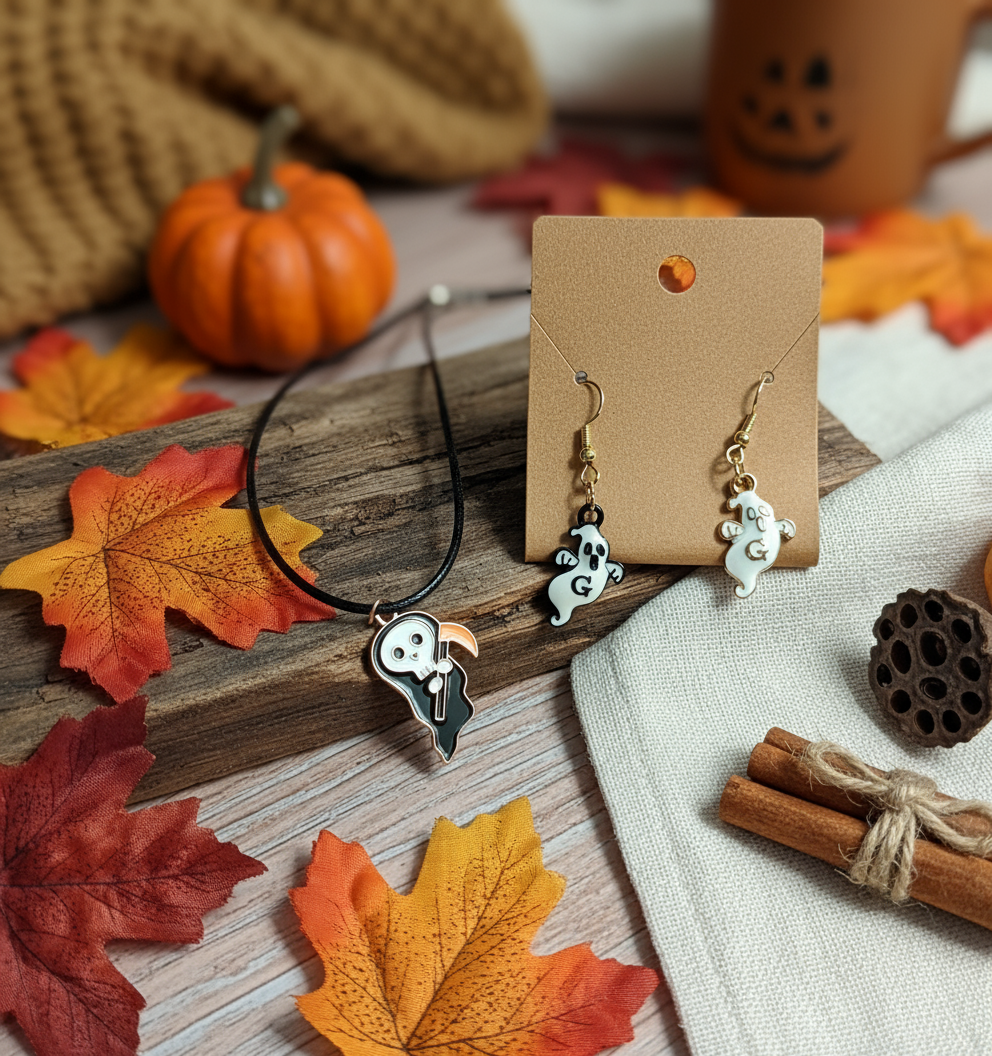 Ghost earrings with mixed accents and grim reaper necklace with fall background