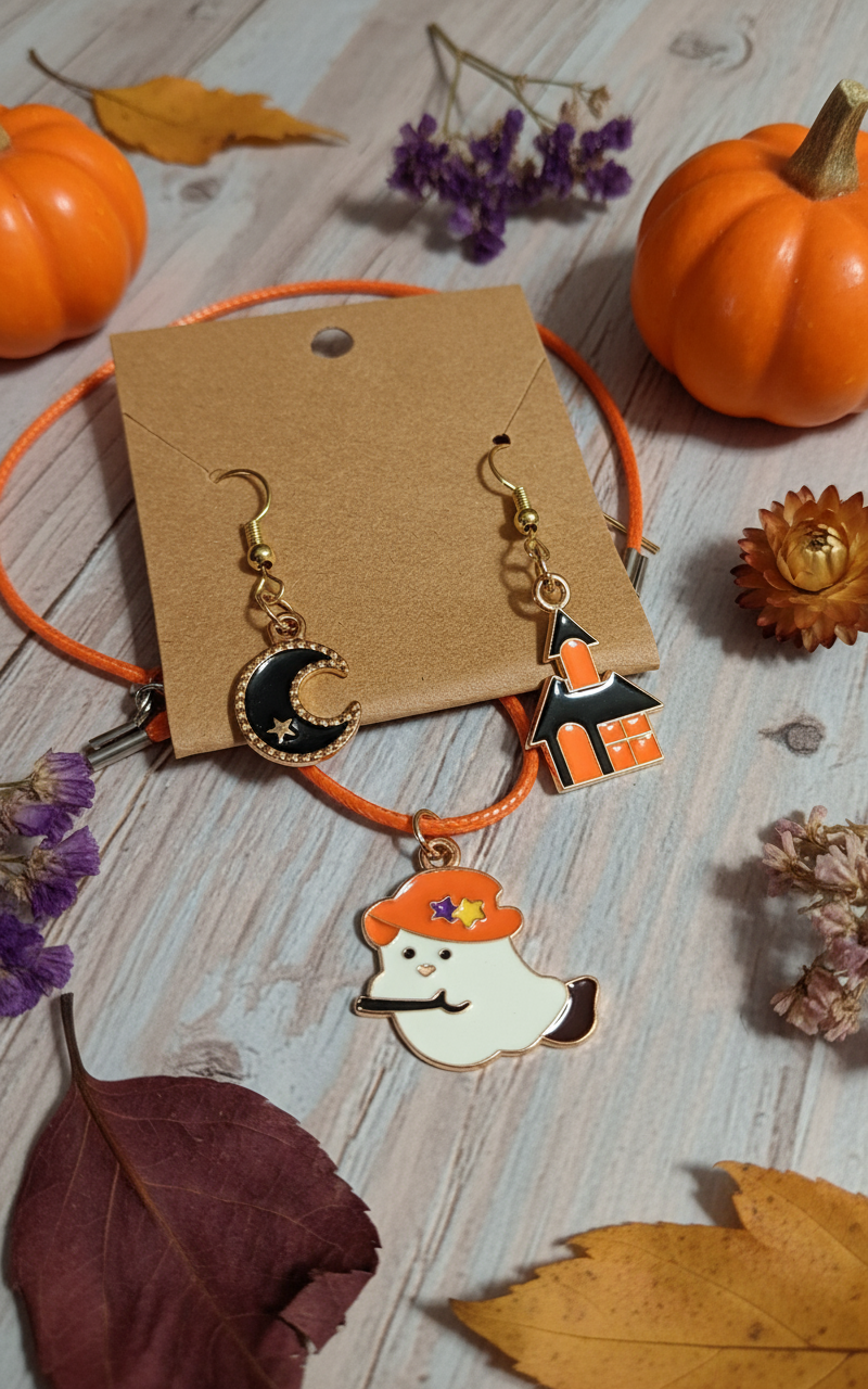 Halloween jewelry with ghost, moon, and haunted house charms