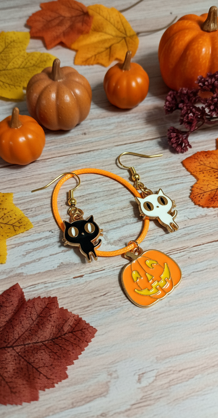 Halloween jewelry with jack-o-lantern and cat charms