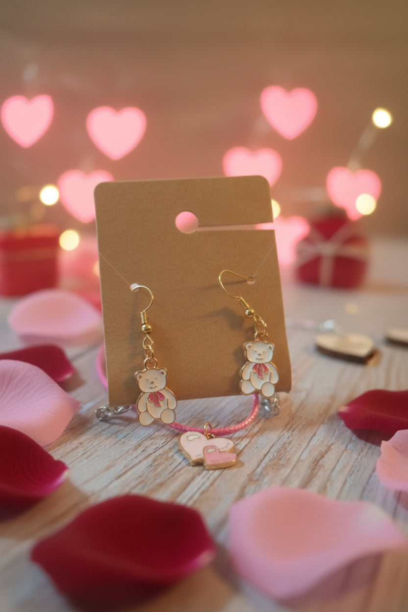 Necklace with bear and heart charms on a wooden surface