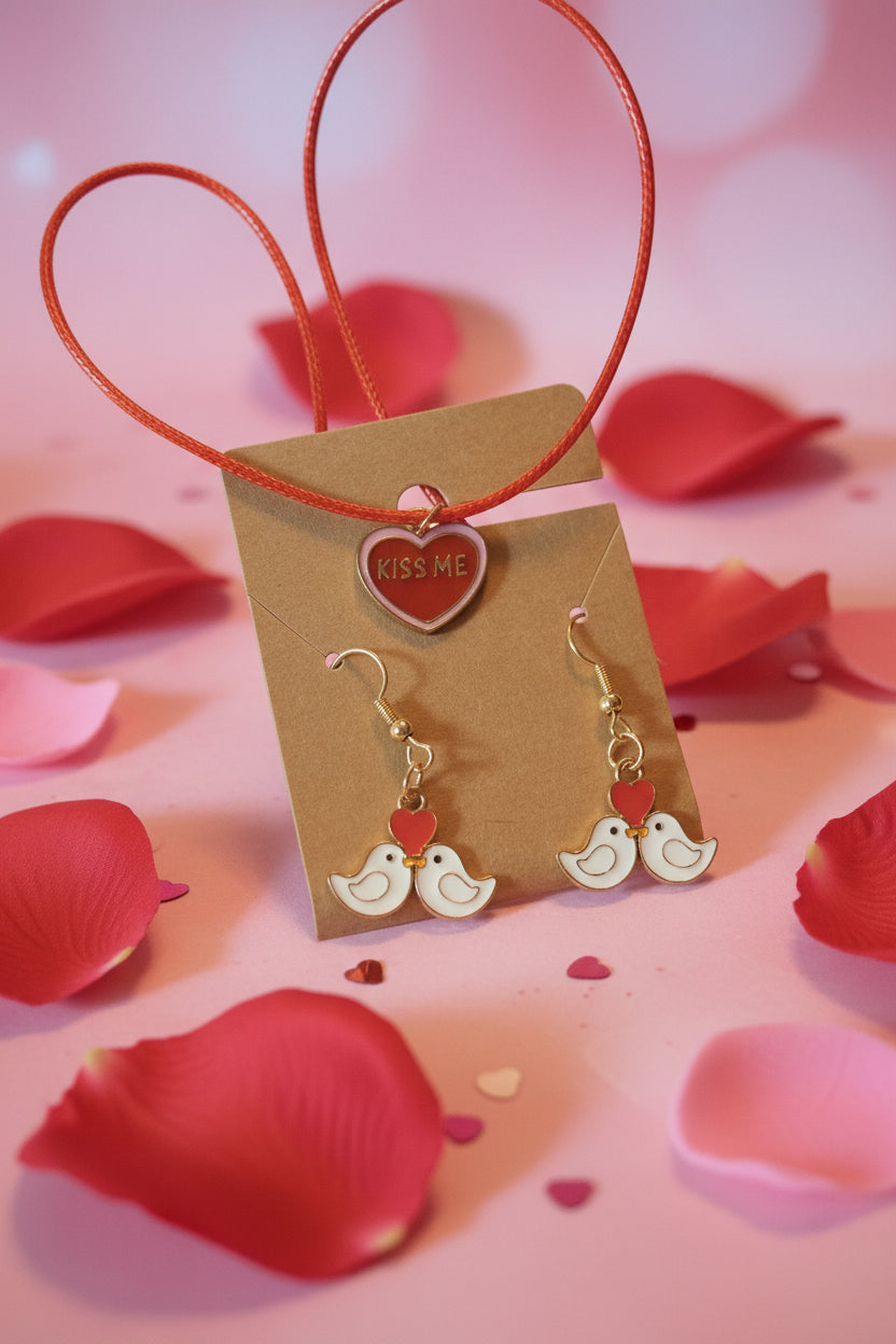 Necklace with dove and heart pendants on a cardboard backing on a wooden surface