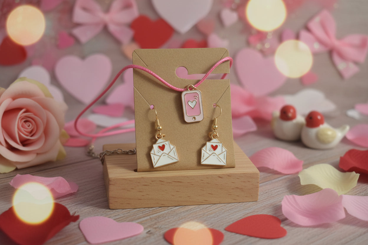 Pair of earrings with heart and envelope design on a cardboard backing with pink string.