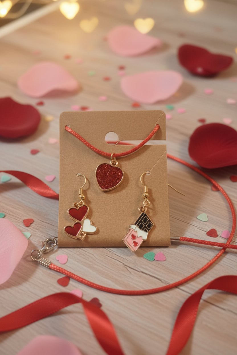 Necklace with heart-shaped charms on a cardboard backing, placed on a wooden surface.