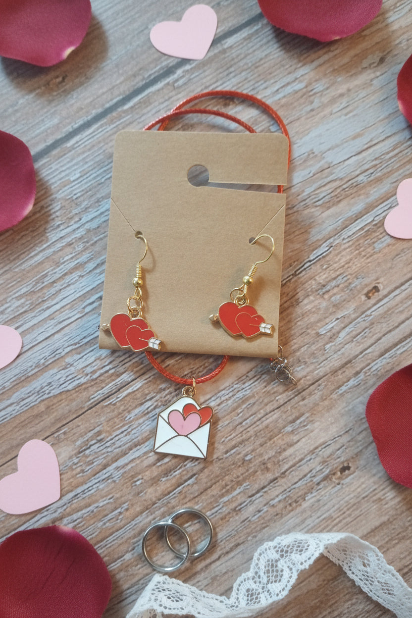 Necklace with red heart charms on a cardboard backing, placed on a wooden surface.