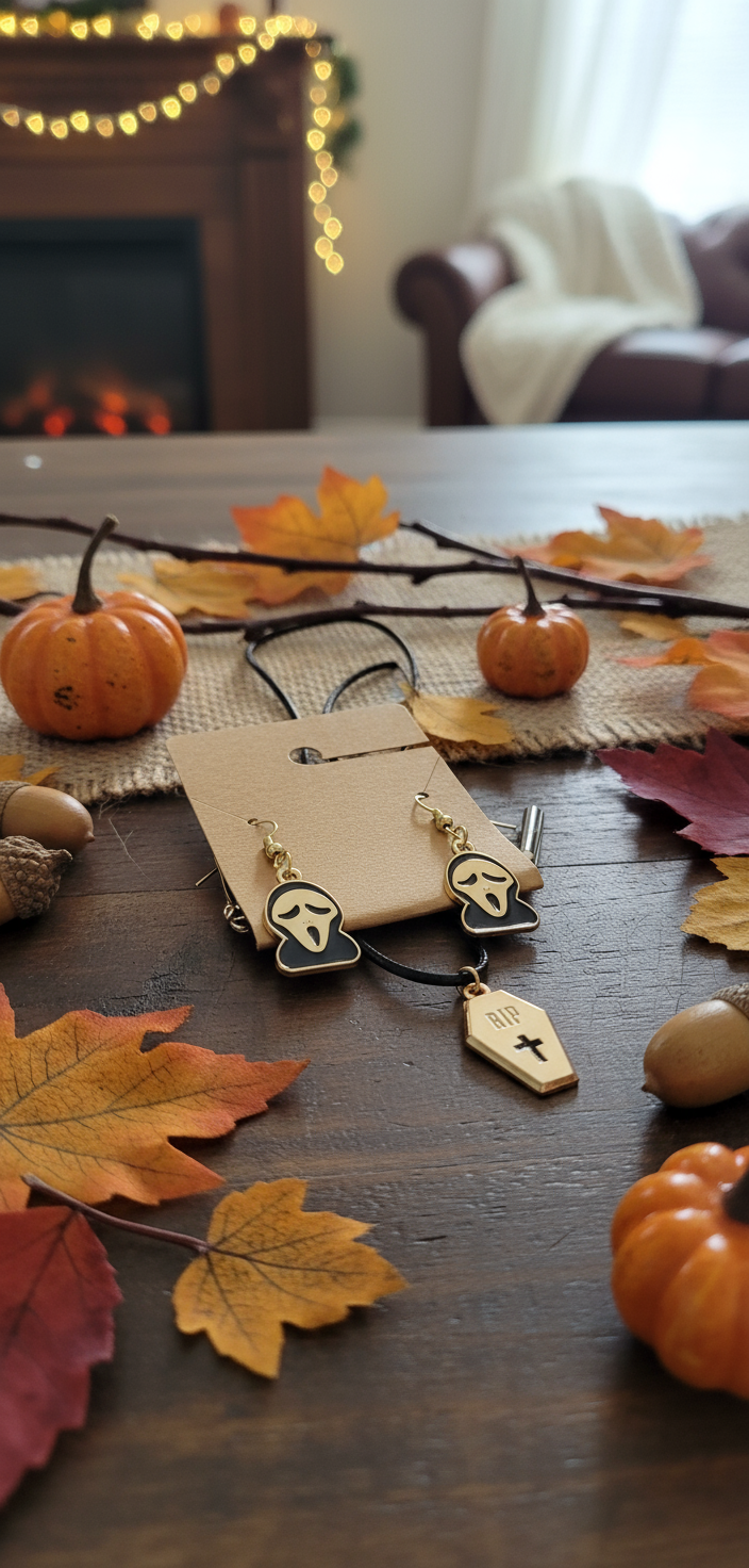 Screaming ghost and RIP coffin Halloween jewelry with fall background