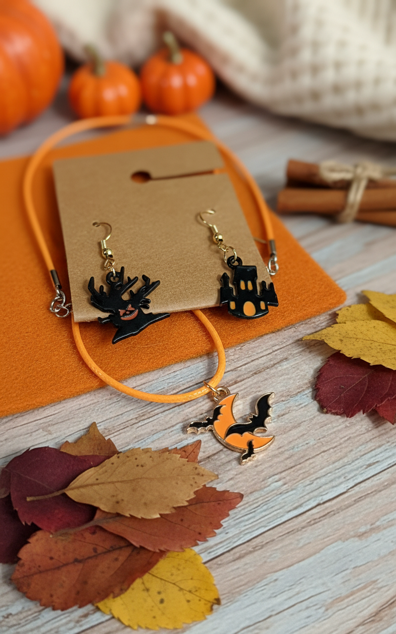 Spooky tree and haunted house Halloween jewelry