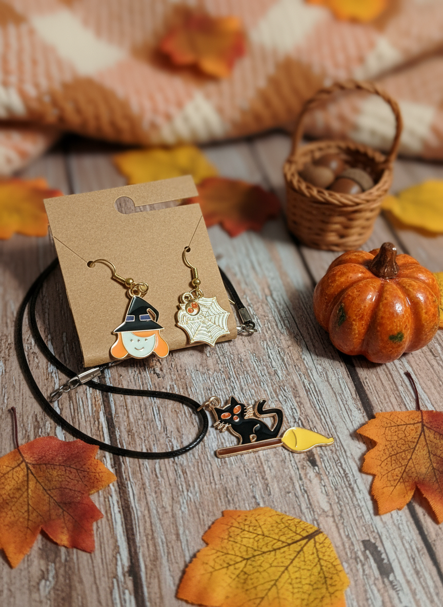 Witch and black cat on broomstick Halloween jewelry with fall background